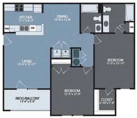 Two Bedroom / Two Bath Unit Floor Plan 3